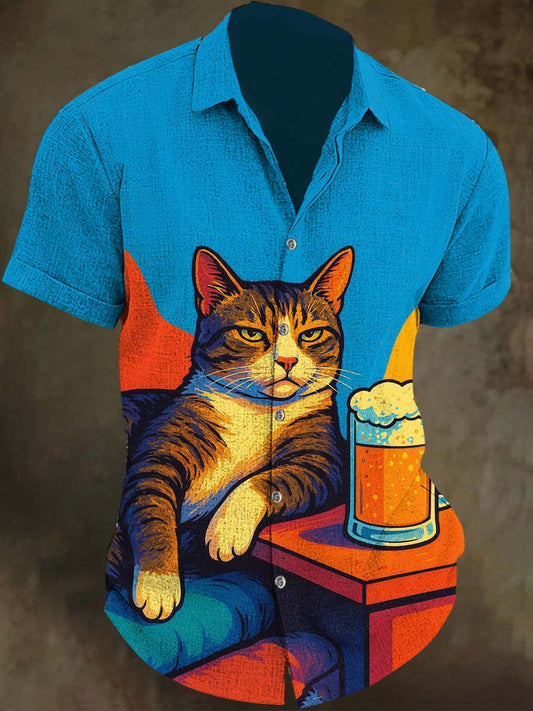 Lying Cat Print Casual Vacation Short-Sleeve Shirt