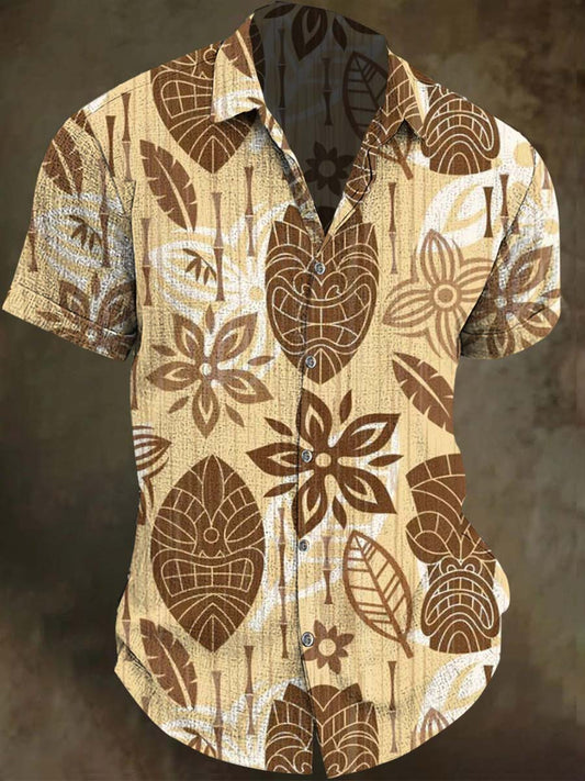 Polynesian Tiki Print Casual Vacation Short-Sleeve Shirt