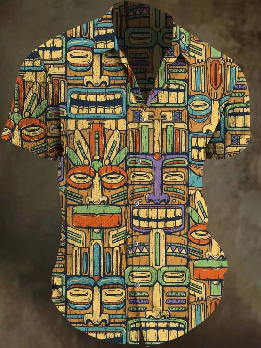 Colorful Tiki Mask Print Casual Vacation Short-Sleeve Shirt