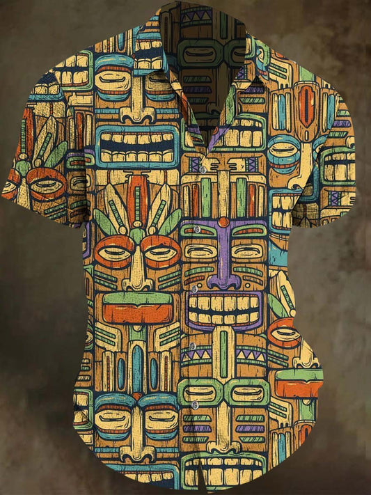 Colorful Tiki Mask Print Casual Vacation Short-Sleeve Shirt