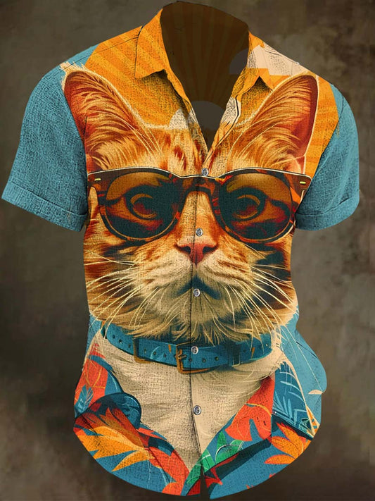 Cool Cat Sunglasses Print Casual Vacation Short-Sleeve Shirt