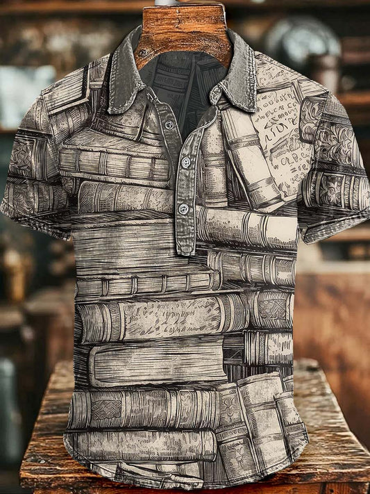 Retro Book Pile Artistic Print Casual Short-Sleeve Polo Shirt