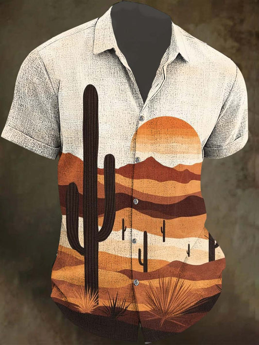 Desert Sunset Cactus Print Casual Vacation Short-Sleeve Shirt