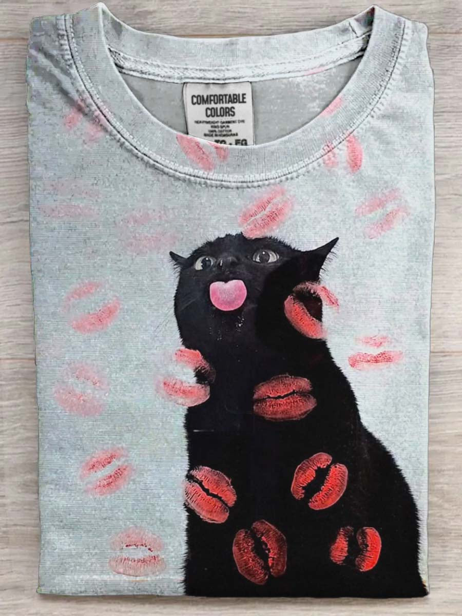 Lipstick Cat Print Casual Short-Sleeve T-Shirt
