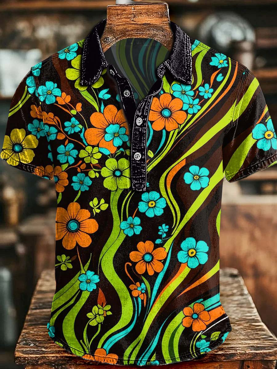 Retro Floral Hawaiian Print Casual Short-Sleeved Polo Shirt