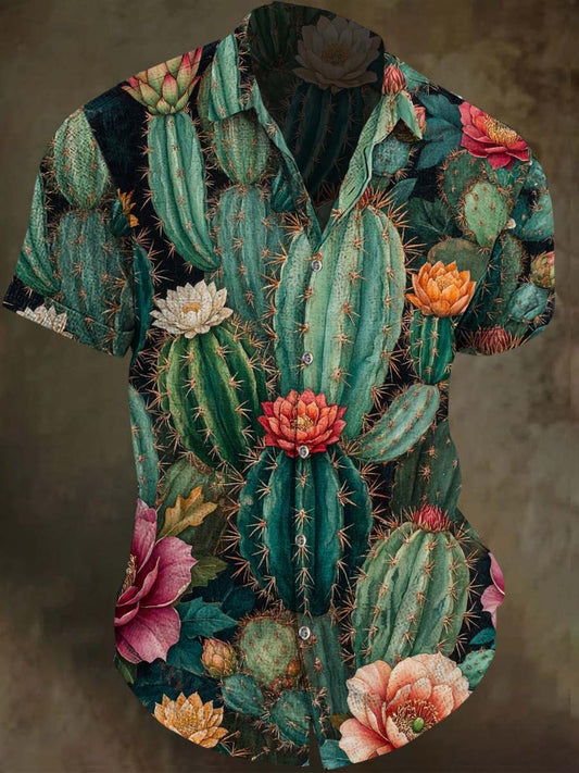 Cactus Floral Print Casual Vacation Short-Sleeve Shirt