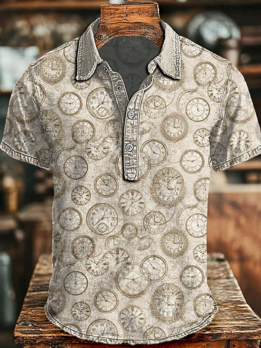 Retro Pocket Watch Print Casual Short-Sleeved Polo Shirt