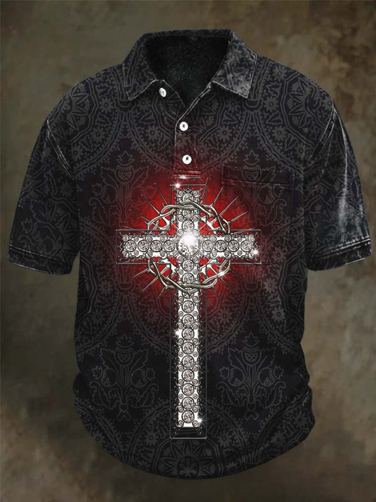 Thorn Cross Gothic Print Casual Short-Sleeve Polo Shirt