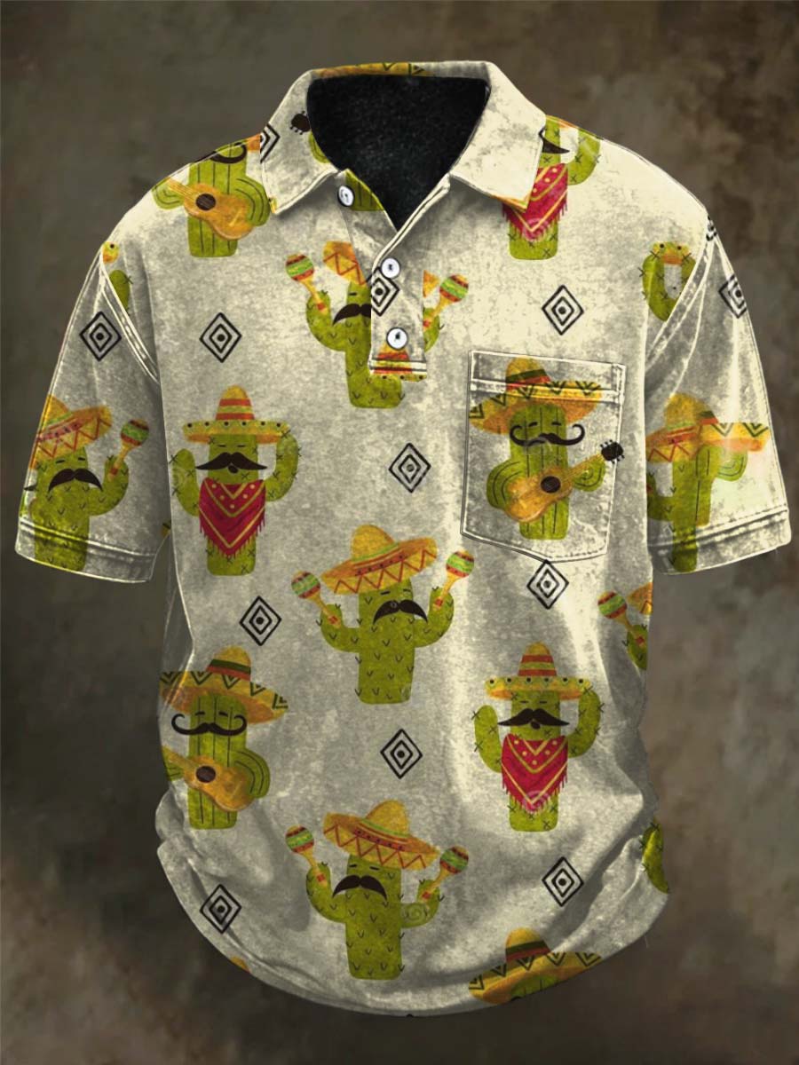 Mexican Cactus Band Print Casual Short-Sleeve Polo Shirt
