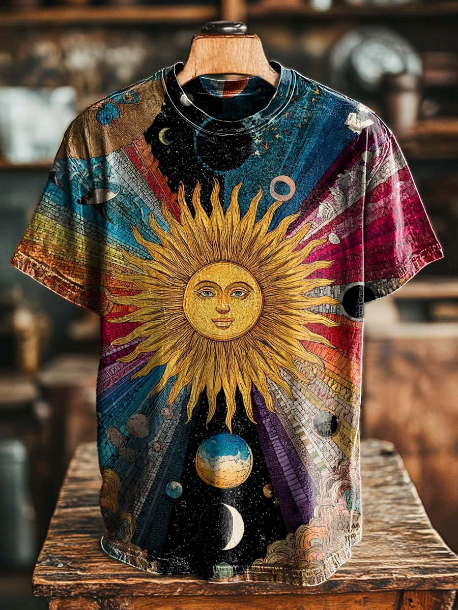 Colorful Sun and Universe Print Casual Short-Sleeve T-Shirt