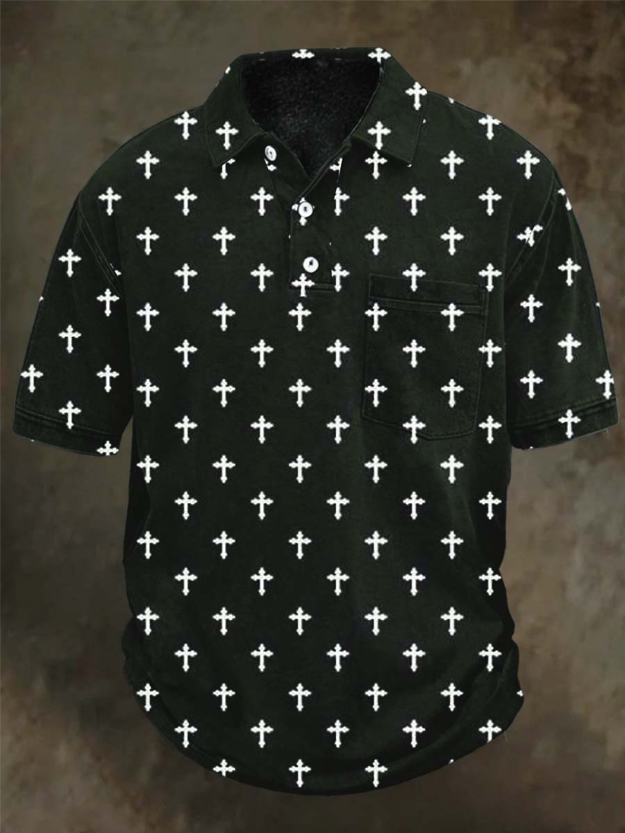 Retro Cross-Print Casual Short-Sleeved Polo Shirt