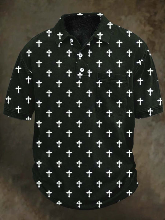 Retro Cross-Print Casual Short-Sleeved Polo Shirt