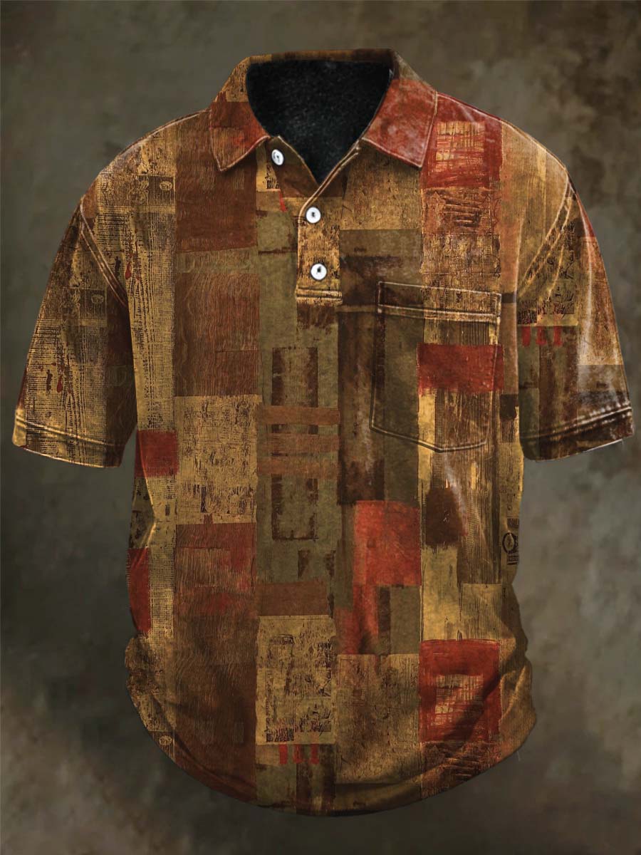 Vintage Distressed Patchwork Printed Casual Short-Sleeved Polo Shirt