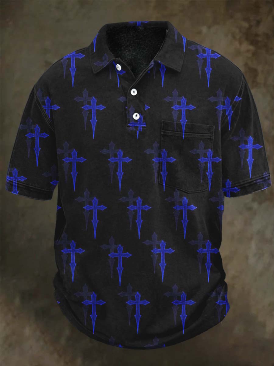 Sword-Shaped Cross Print Casual Short-Sleeved Polo Shirt