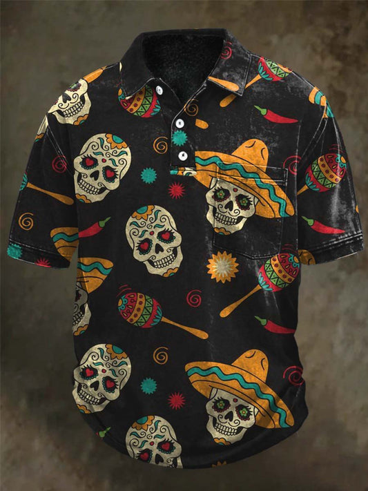 Mexican Skull Print Casual Short-Sleeved Polo Shirt