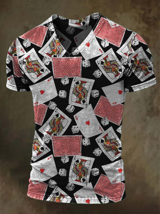 Playing Card And Dice Print Casual V-Neck T-Shirt