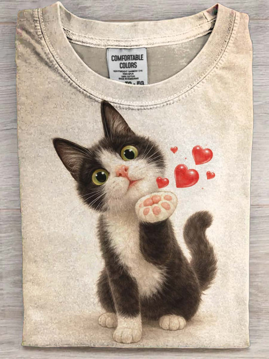 Heart-Shaped Cat Print Casual Short-Sleeved T-Shirt