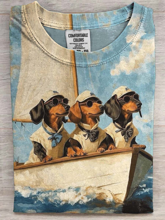Dachshund Sailing Team Printed Casual Short-Sleeve T-Shirt