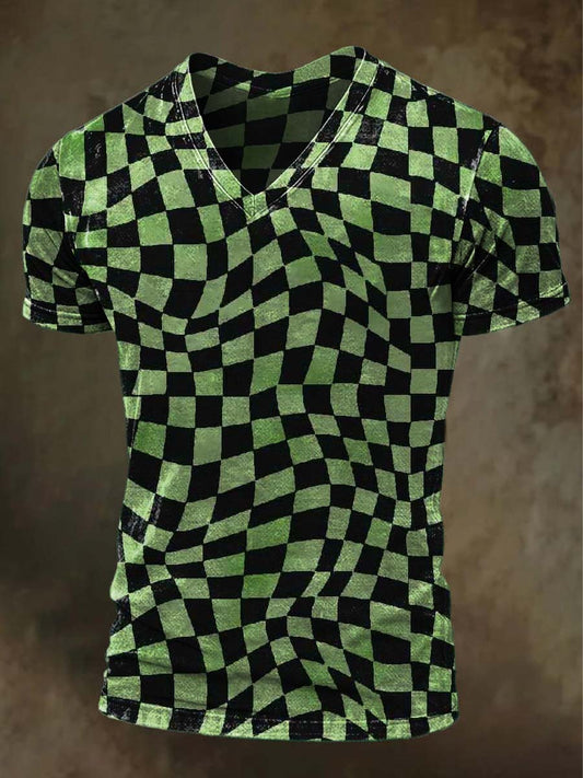 Twisted Checkerboard Print Casual V-Neck T-Shirt