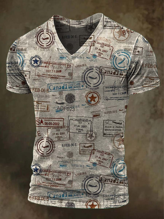 Retro Postmark Print Casual V-Neck T-Shirt