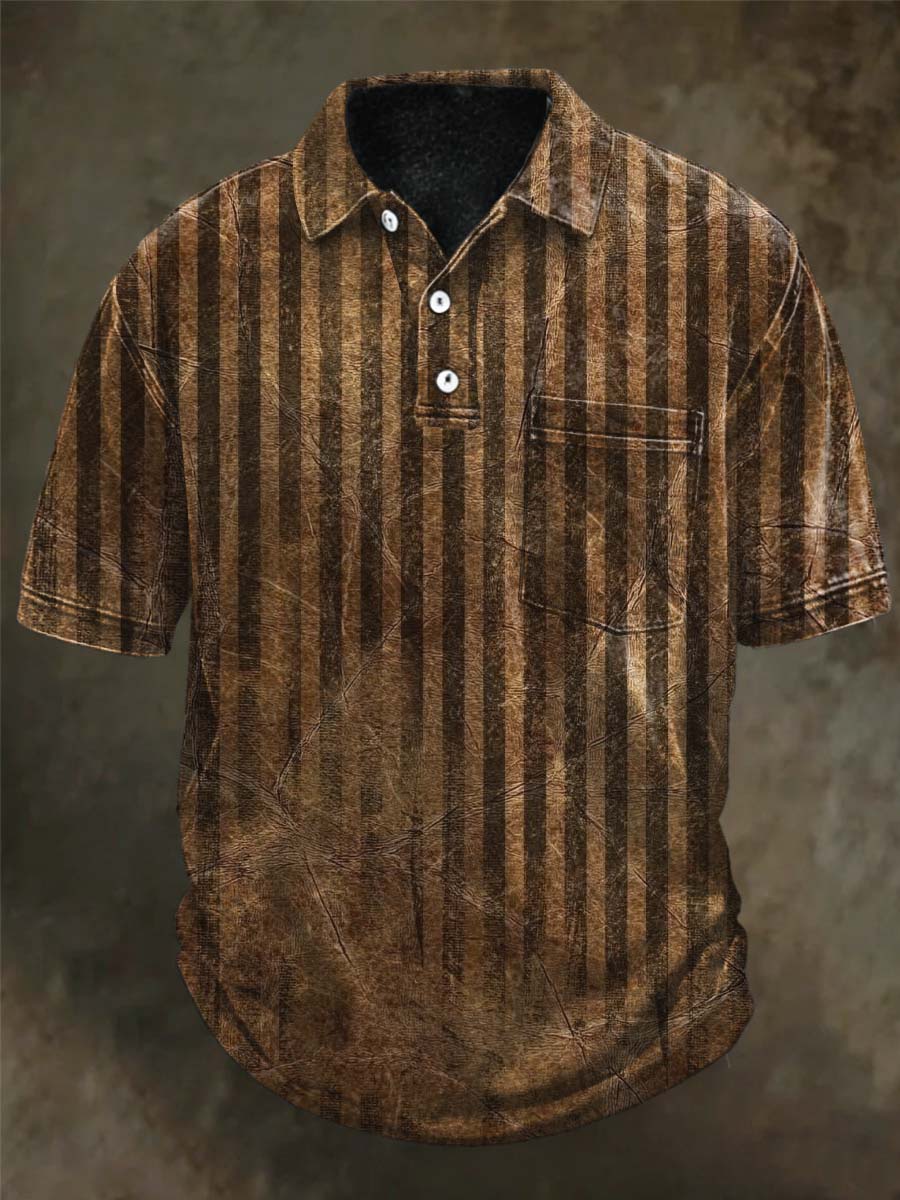 Distressed Vertical Stripe Printed Casual Short-Sleeved Polo Shirt