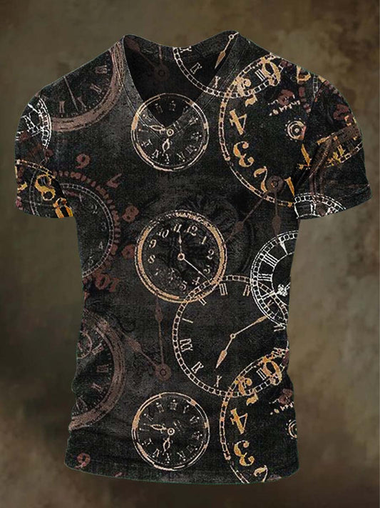 Retro Clock Print Casual V-Neck T-Shirt