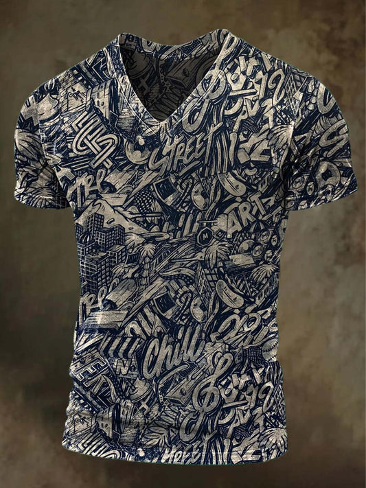 Dark Gothic Print Casual V-Neck T-Shirt