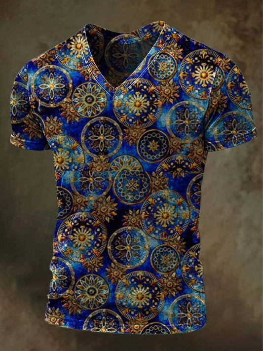 Mandala Pattern Print Casual V-Neck T-Shirt