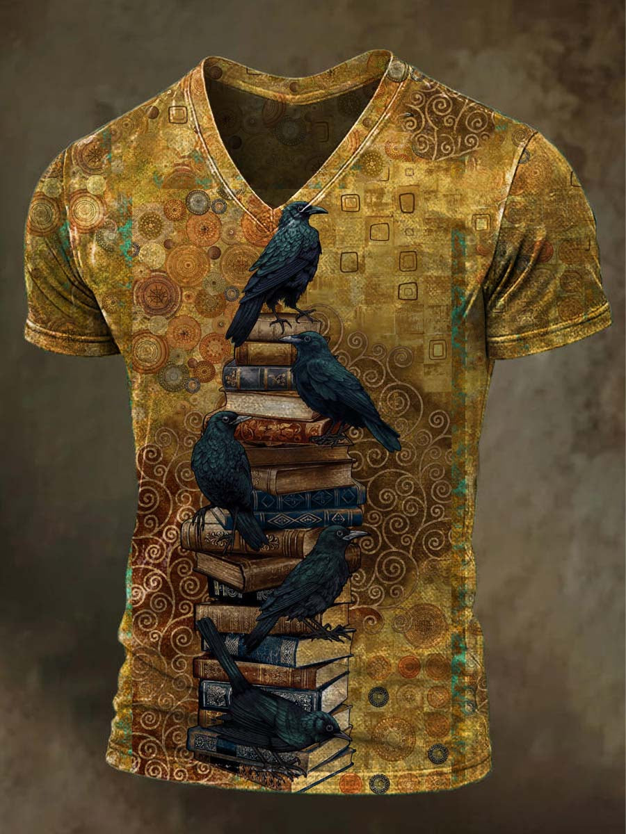 Retro Raven Book Print Casual V-Neck T-Shirt
