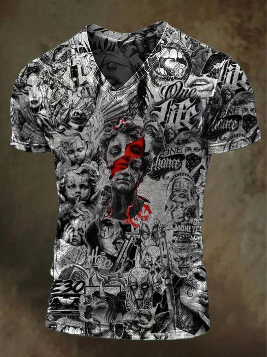 Dark Gothic Print Casual V-Neck T-Shirt