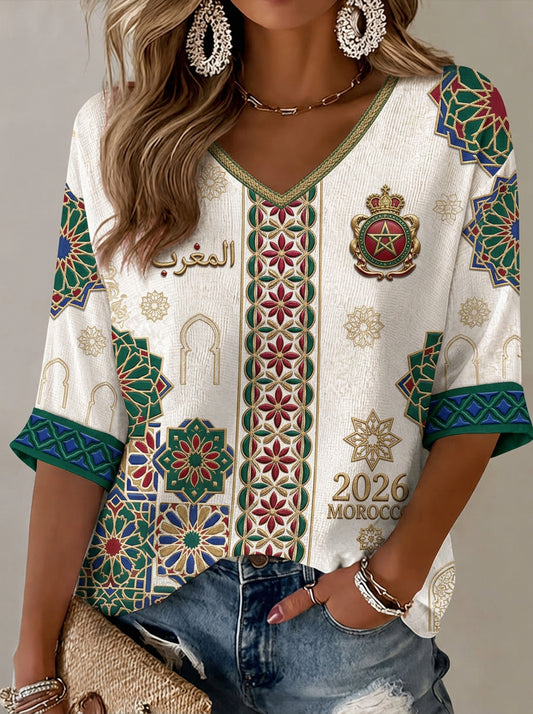 Women's Moroccan Football Fan Casual Printed T-shirt
