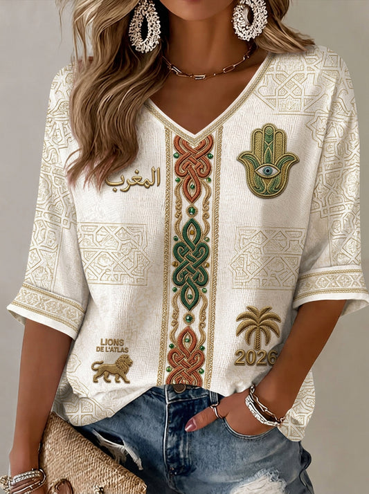 Women's Moroccan Football Fan Casual Printed T-shirt