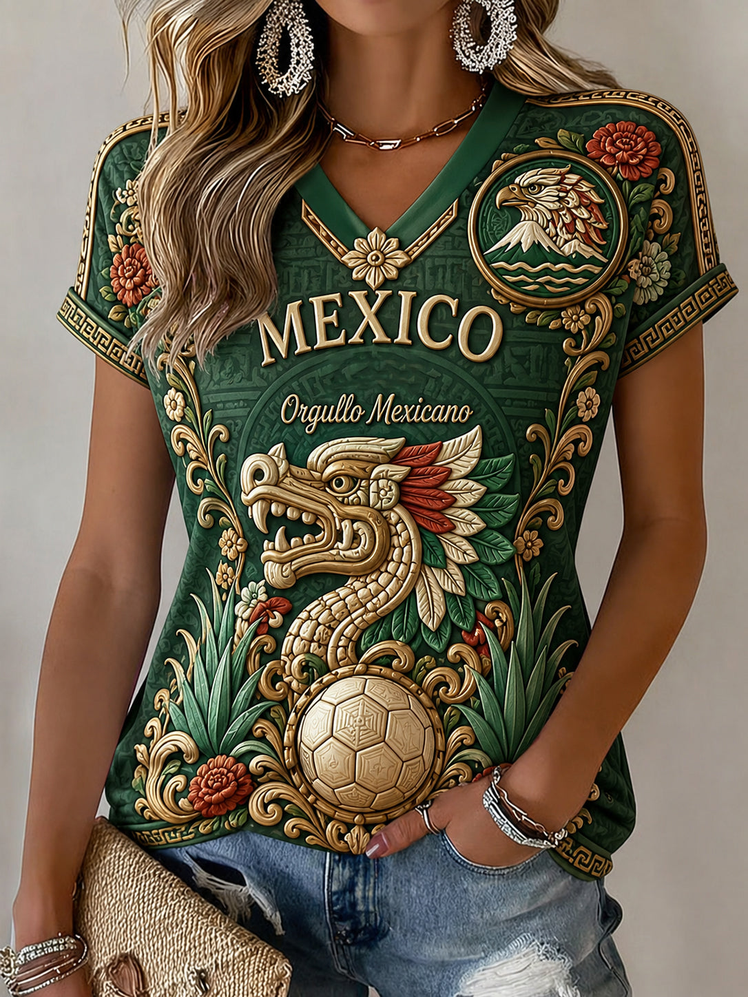 Women's Mexican Football Fan Casual Printed T-shirt