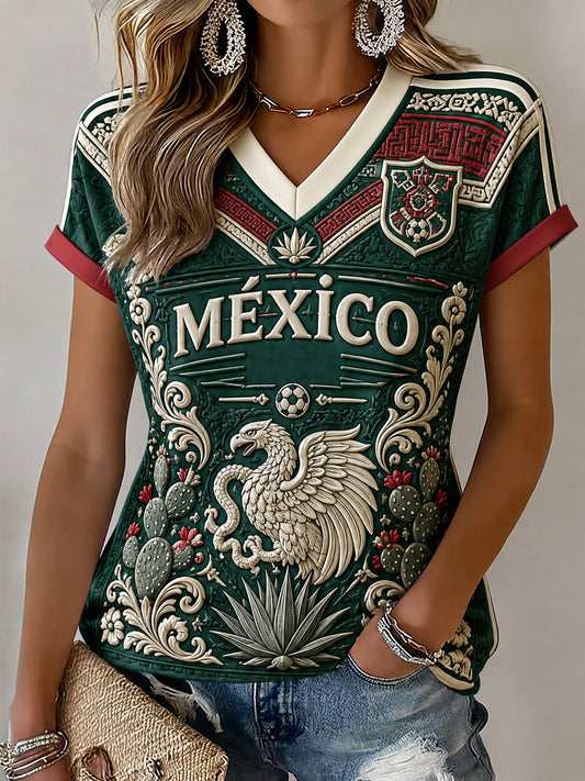 Women's Mexican Football Fan Casual Printed T-shirt