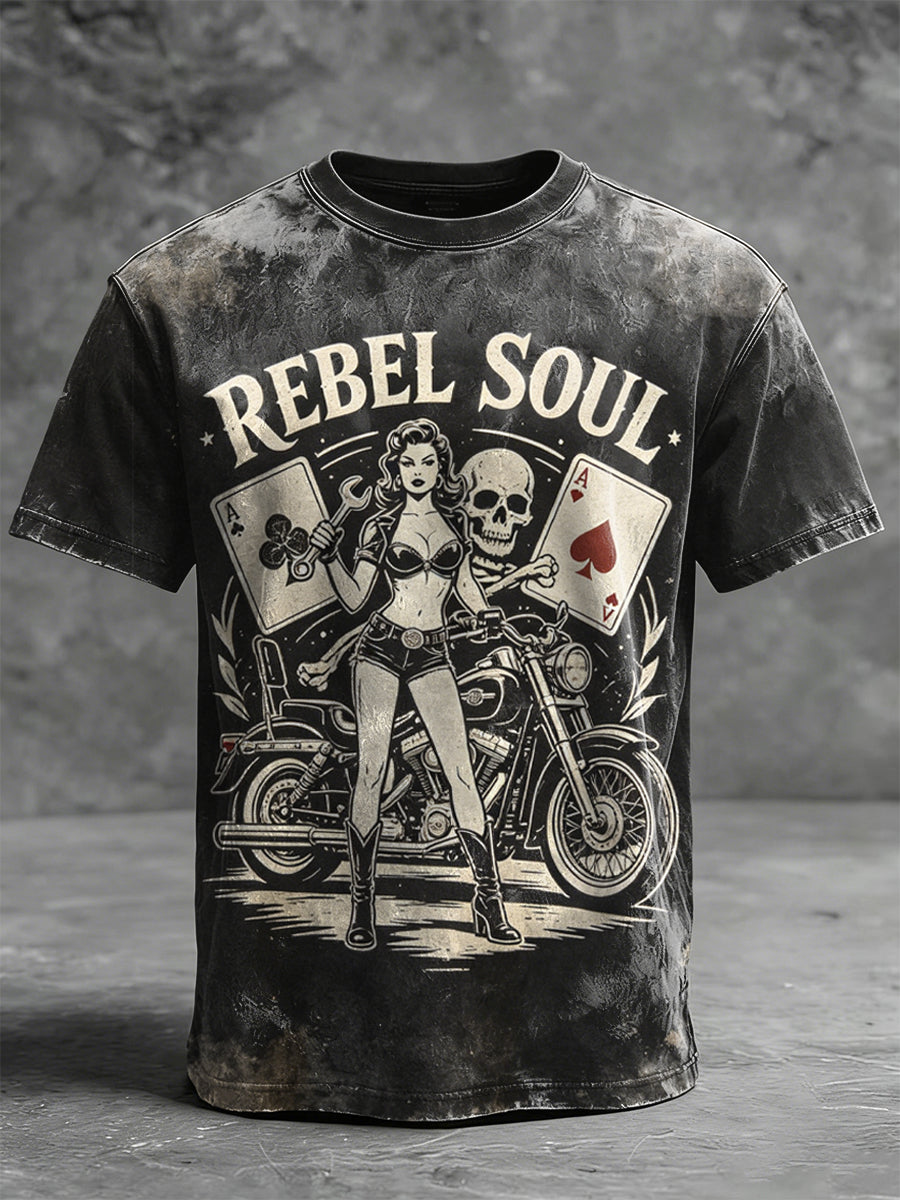 Rebellious Spirit Motorcycle Girl Printed Casual Short-Sleeve T-Shirt