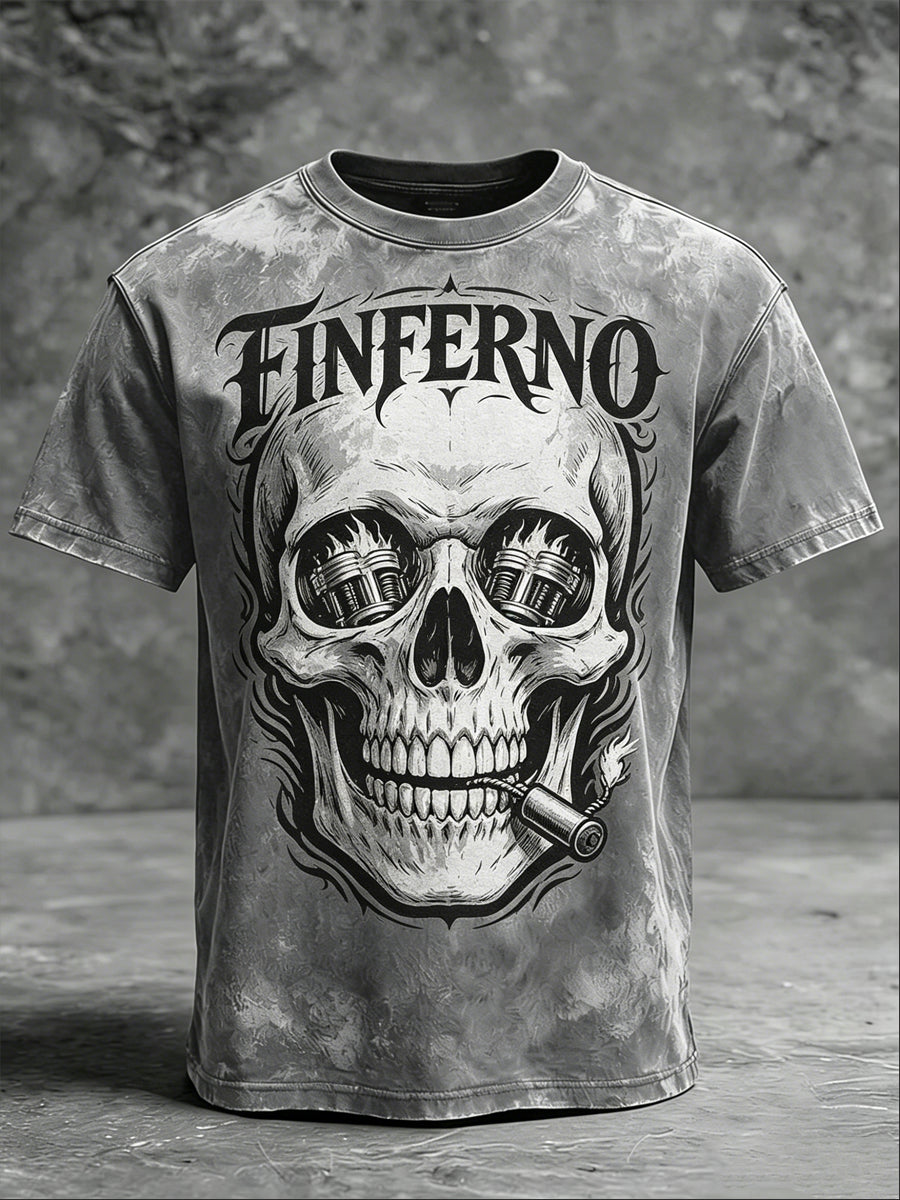 Finferno Hell Engine Skull Print Casual Short-Sleeve T-Shirt