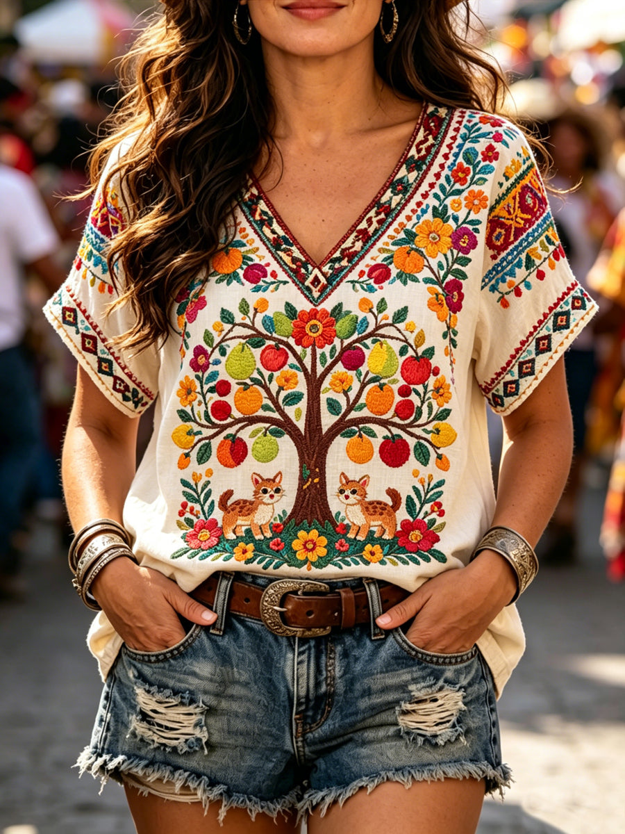Women's Mexican Guelaguetza Festival Print Casual V-Neck Top
