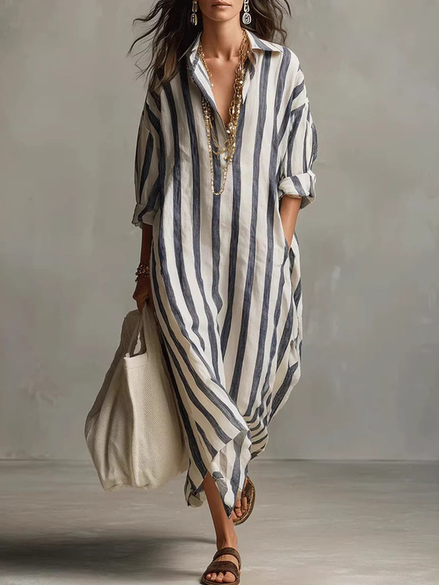 Women’s Vacation Bohemian Striped Long-Sleeve Shirt Dress