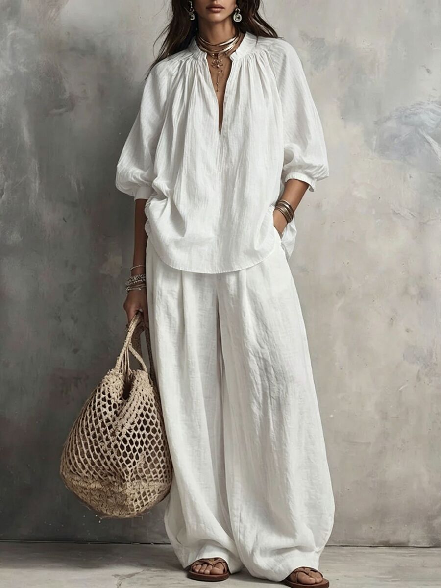 Women’S Cotton-Linen Bubble Sleeve Blouse Paired With Wide-Leg Pants Outfit