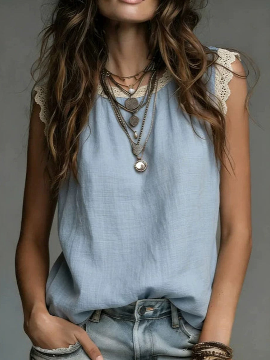 Women’S Lace-Trimmed Round Neck, Sleeveless Cotton-Linen Top