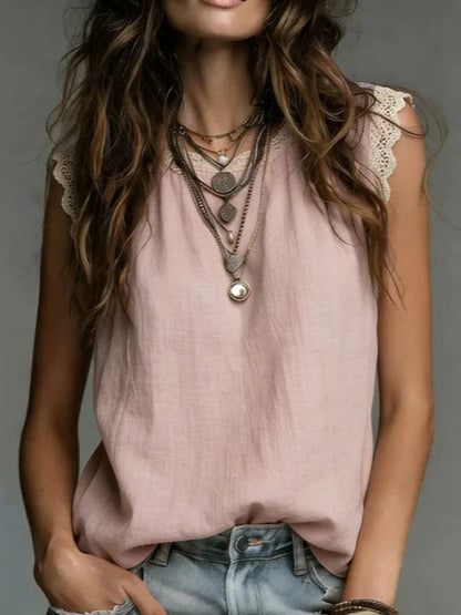 Women’S Lace-Trimmed Round Neck, Sleeveless Cotton-Linen Top