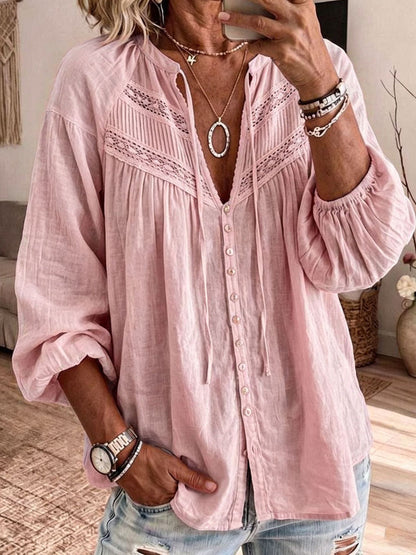 Women’s Bohemian Lace-Embellished Cotton-Blend Bell-Sleeve Duster Shirt