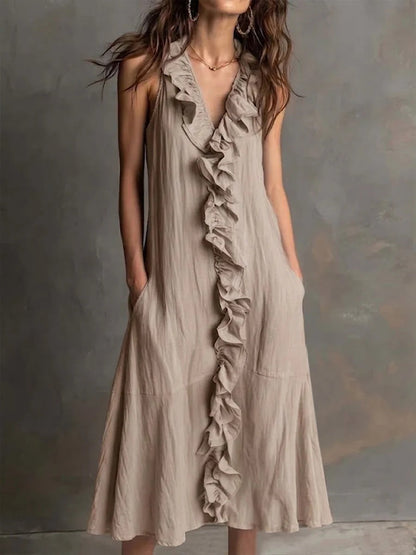 Women’S Sleeveless Cotton-Linen V-Neck Large-Skirt Hibiscus-Edge Dress