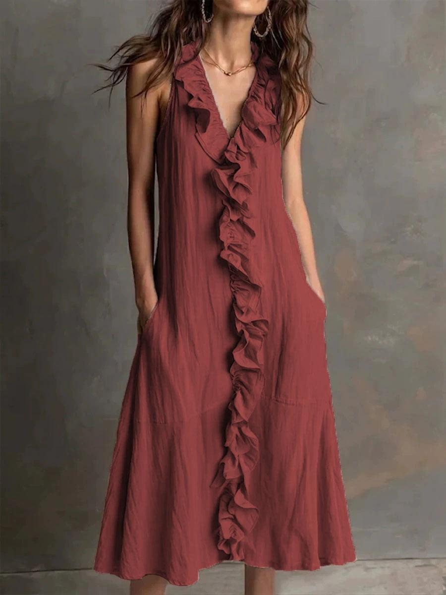 Women’S Sleeveless Cotton-Linen V-Neck Large-Skirt Hibiscus-Edge Dress