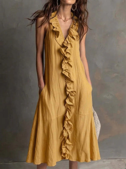 Women’S Sleeveless Cotton-Linen V-Neck Large-Skirt Hibiscus-Edge Dress