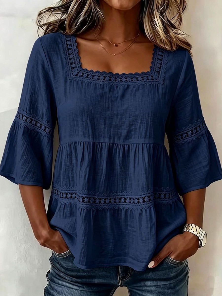 Women’S Square-Neck Cotton-Linen Lace Appliqué Patchwork Short-Sleeved Top