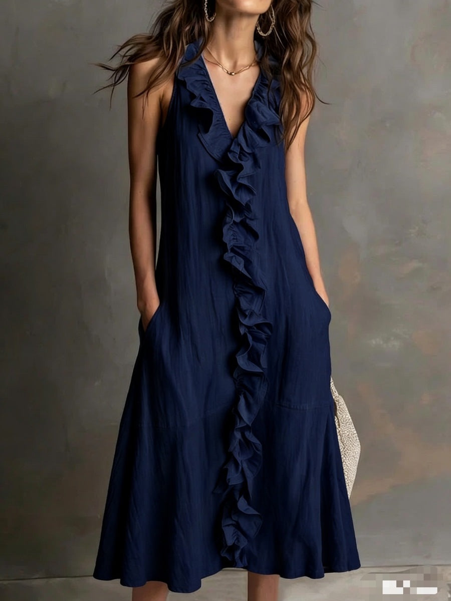 Women’S Sleeveless Cotton-Linen V-Neck Large-Skirt Hibiscus-Edge Dress