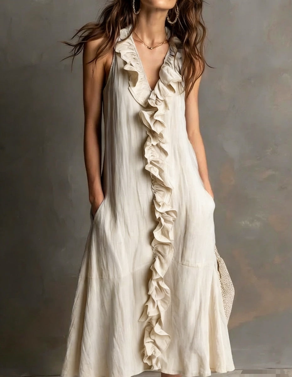 Women’S Sleeveless Cotton-Linen V-Neck Large-Skirt Hibiscus-Edge Dress