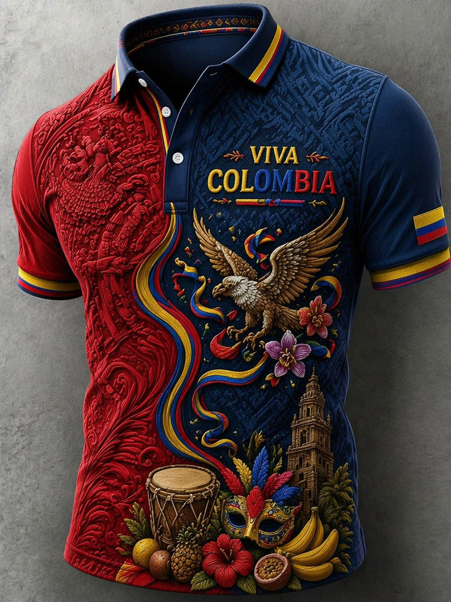 Men’s Colombian Independence Day Printed Casual Short-Sleeve Polo Shirt