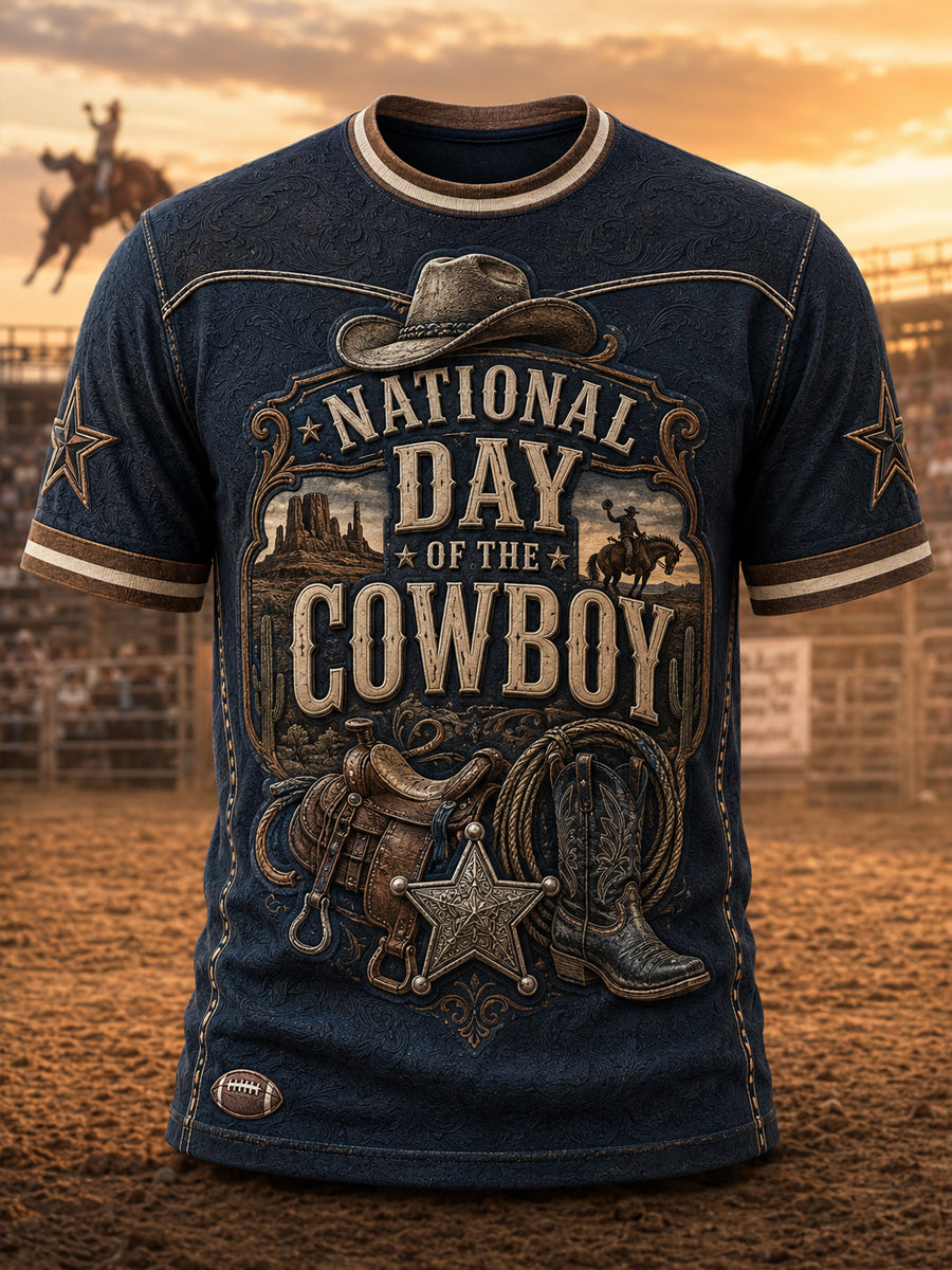 Men’s Retro Western Cowboy Day Print Casual Short-Sleeve T-Shirt.